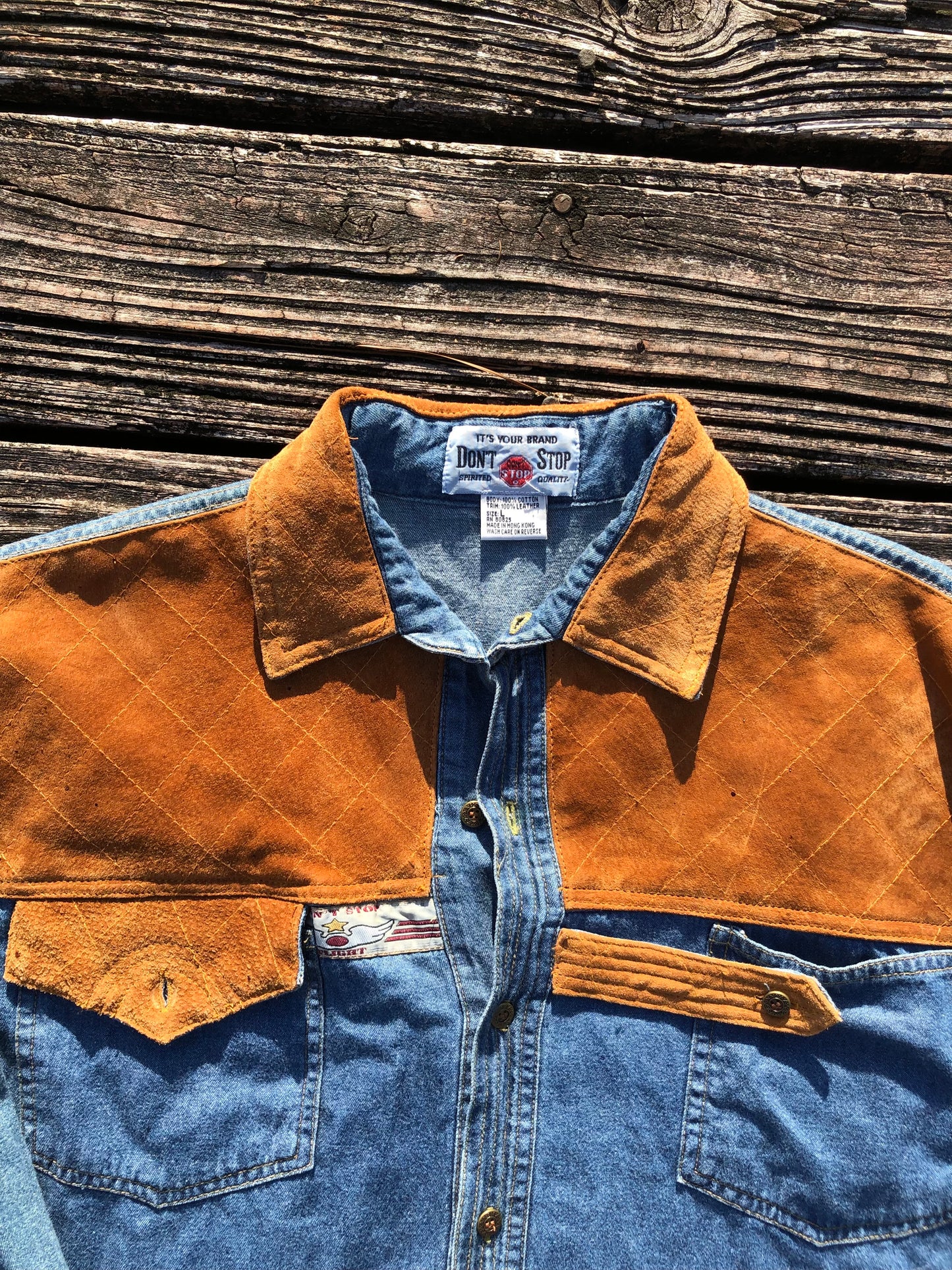 Large Don’t Stop Flight Denim/Suede Button Up