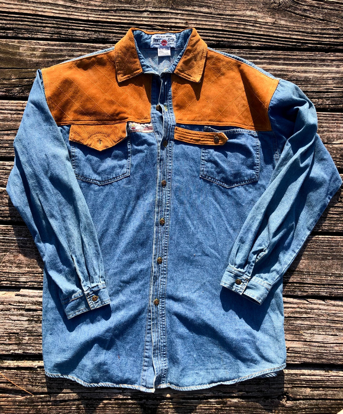 Large Don’t Stop Flight Denim/Suede Button Up